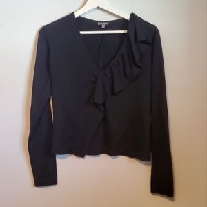 Morgane Le Fay Sweater Top Shirt Black Asymmetrical Ruffle V-Neck Sz Women's M